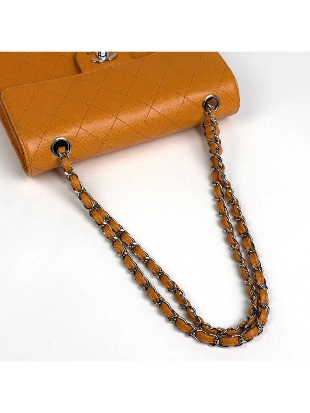 Chanel CC Logo Chain Shoulder Bag Quilted Caviar Leather Orange